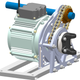 The blue shaft comes from the motorcycle engine, which turns a sprocket that drives a chain which transmits power down to a sprocket that sits between the electric motor and the u-joint for the driveshaft.